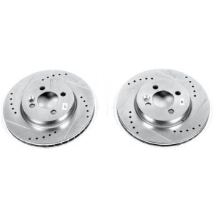 Mini Cooper Brake Rotors (2) - Front - PowerStop - Drilled & Slotted Zinc Plated - Silver - `07-`16