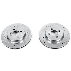 Mini Cooper Brake Rotors (2) - Front - PowerStop - Drilled & Slotted Zinc Plated - Silver - `07-`16