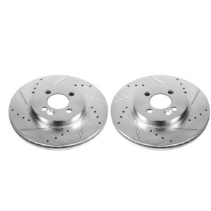 Mini Cooper Brake Rotors (2) - Front - PowerStop - Drilled & Slotted Zinc Plated - Silver - `07-`16