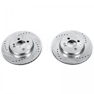 Mini Cooper Brake Rotors (2) - Front - PowerStop - Drilled & Slotted Zinc Plated - Silver - `07-`16