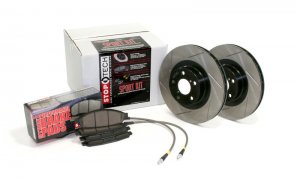 Mini Cooper Brake Kit - Rear - Stoptech - Slotted Rotors + Sport Pads + Stainless Steel Brake Lines - Black - `02-`03