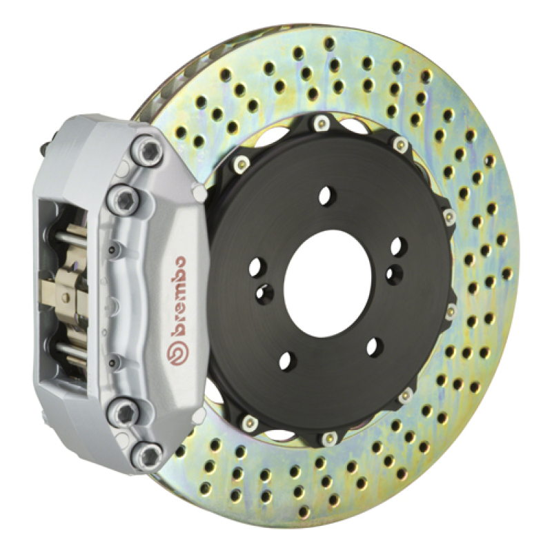 Mini Cooper Brake Kit - Front - Brembo - 4 Piston Cast 2pc 328x28 2pc Rotor Drilled - Silver - `07-`13