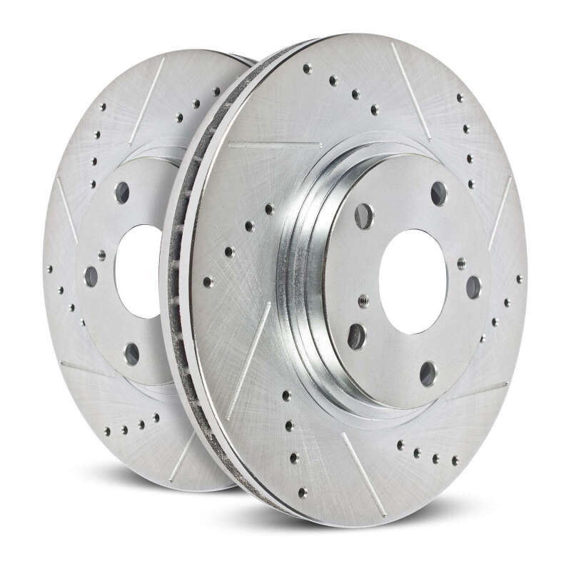 Mini Cooper Countryman Brake Rotors (2) - Front - PowerStop - Evolution Drilled & Slotted Zinc Plated Rotors - Silver - `17-`24