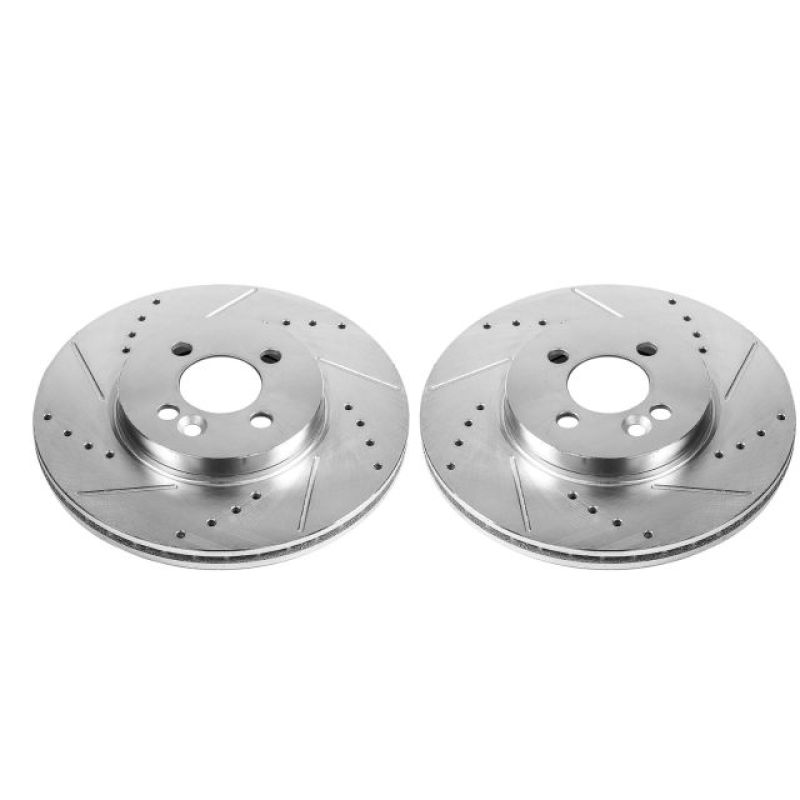 Mini Cooper Brake Rotors (2) - Front - PowerStop - Drilled & Slotted Zinc Plated - Silver - `07-`16
