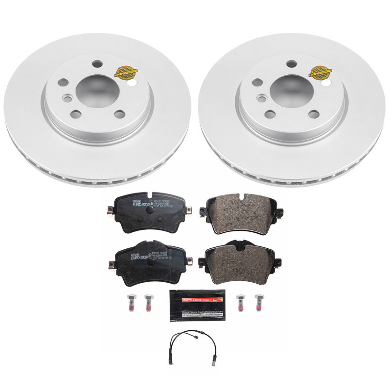 Mini Cooper Brake Kit - Front - PowerStop - Genuine Geomet Coated Rotors + ECE-R90 Brake Pads + Hardware Kit - `14-`19