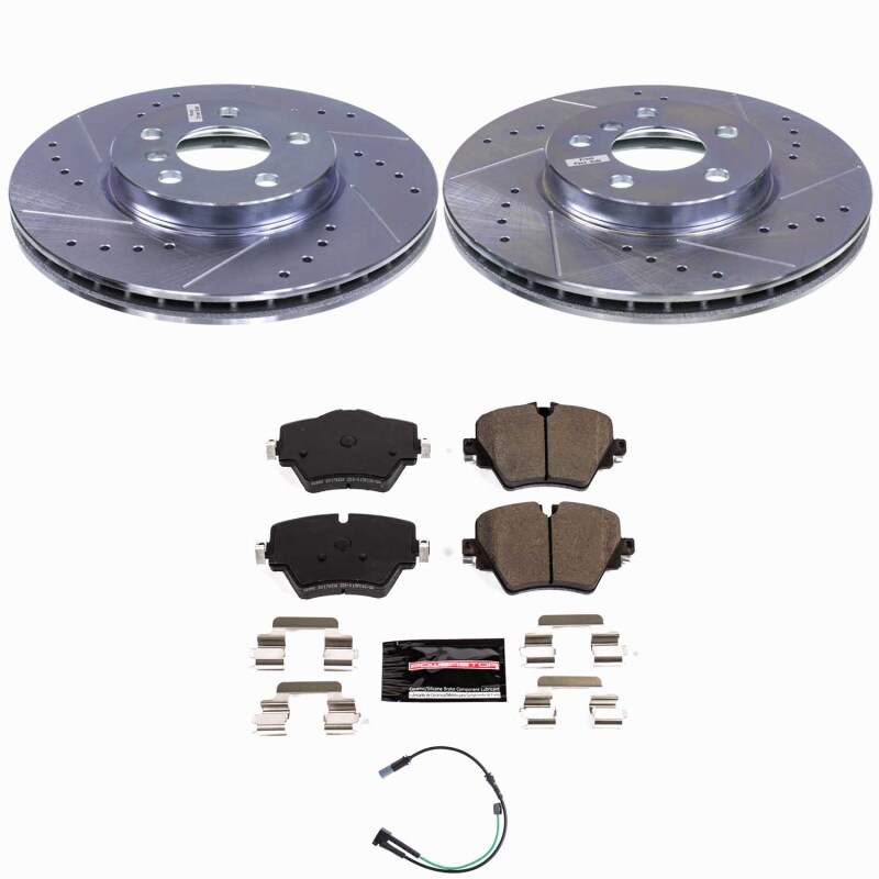 Mini Cooper Clubman Brake Kit - Front - PowerStop - Z23 Evolution Sport Upgrade Kit: Drilled & Slotted Rotors + Carbon-Fiber Ceramic Pads - `20-`24