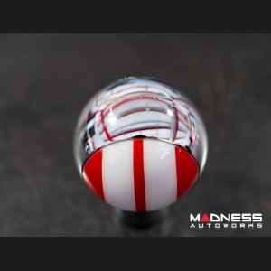 MINI Cooper Gear Shift Knob - Chrome Housing - Red w/ White Racing Stripes Design