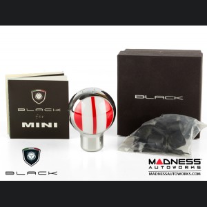 MINI Cooper Gear Shift Knob - Chrome Housing - Red w/ White Racing Stripes Design